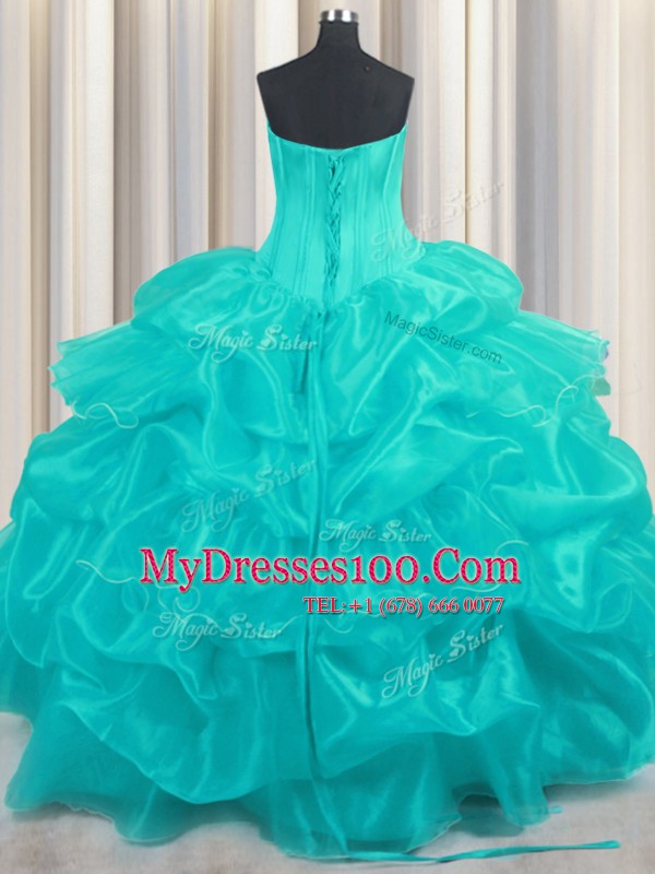 Lovely Pick Ups Ruffled Floor Length Ball Gowns Sleeveless Aqua Blue Ball Gown Prom Dress Lace Up