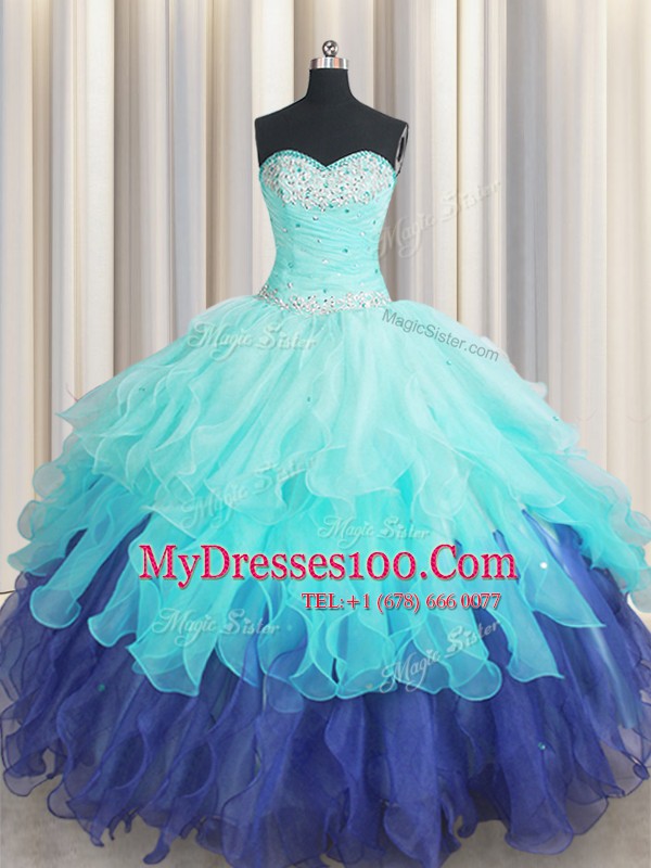 Hot Selling Sweetheart Sleeveless Organza Quinceanera Gown Beading and Ruffles and Ruffled Layers and Sequins Lace Up