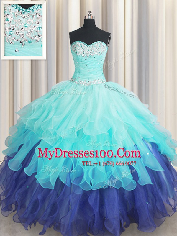 Hot Selling Sweetheart Sleeveless Organza Quinceanera Gown Beading and Ruffles and Ruffled Layers and Sequins Lace Up