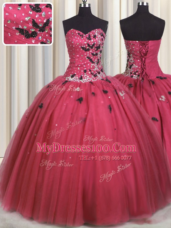 Sleeveless Floor Length Beading and Appliques Lace Up Sweet 16 Dresses with Coral Red