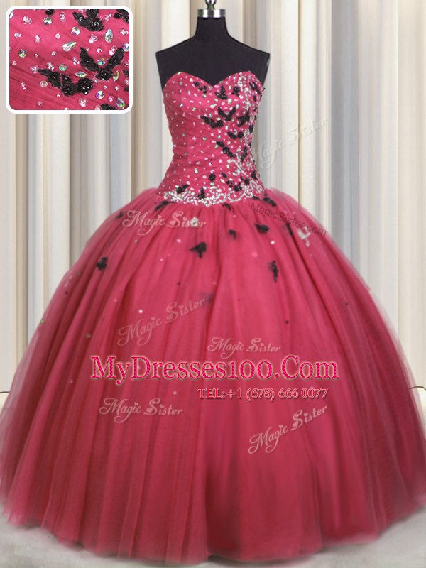 Sleeveless Floor Length Beading and Appliques Lace Up Sweet 16 Dresses with Coral Red