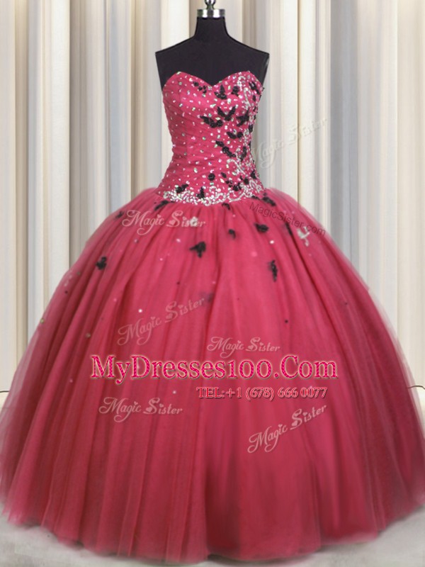Sleeveless Floor Length Beading and Appliques Lace Up Sweet 16 Dresses with Coral Red