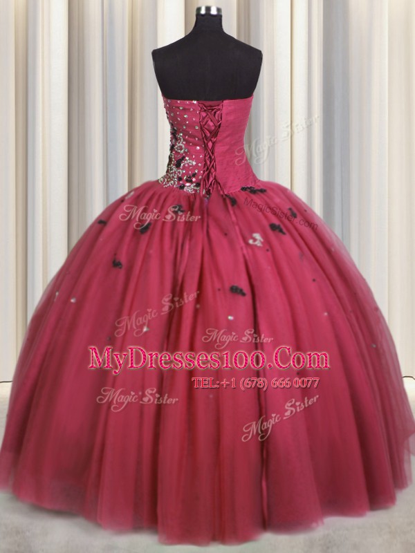 Sleeveless Floor Length Beading and Appliques Lace Up Sweet 16 Dresses with Coral Red