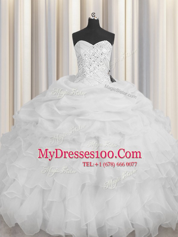 Latest White Ball Gowns Beading and Ruffles Sweet 16 Dress Lace Up Organza Sleeveless Floor Length