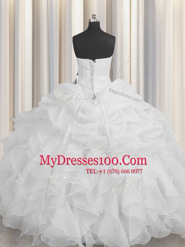 Latest White Ball Gowns Beading and Ruffles Sweet 16 Dress Lace Up Organza Sleeveless Floor Length