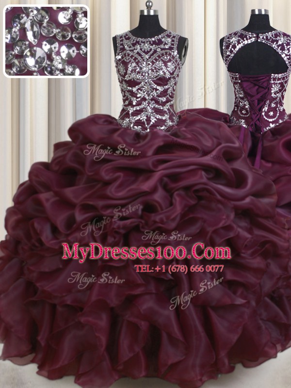 Flare See Through Burgundy Organza Lace Up Scoop Sleeveless Floor Length Quince Ball Gowns Beading and Pick Ups