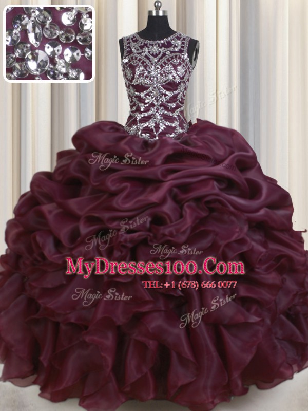 Flare See Through Burgundy Organza Lace Up Scoop Sleeveless Floor Length Quince Ball Gowns Beading and Pick Ups