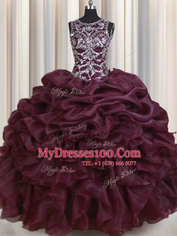 Flare See Through Burgundy Organza Lace Up Scoop Sleeveless Floor Length Quince Ball Gowns Beading and Pick Ups