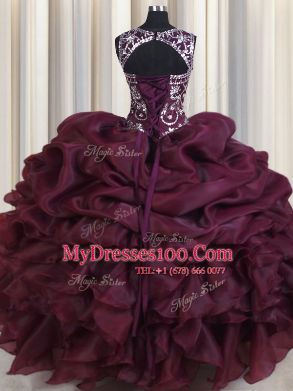 Flare See Through Burgundy Organza Lace Up Scoop Sleeveless Floor Length Quince Ball Gowns Beading and Pick Ups