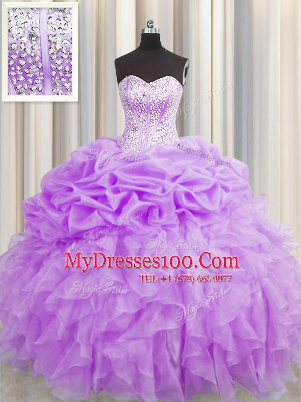 Low Price Visible Boning Organza Sweetheart Sleeveless Lace Up Beading and Ruffles and Pick Ups Quinceanera Dresses in Purple