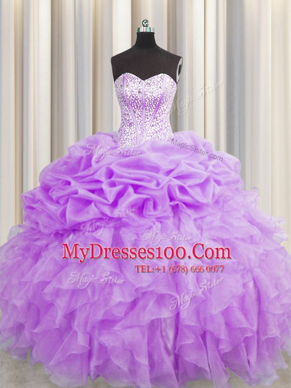 Low Price Visible Boning Organza Sweetheart Sleeveless Lace Up Beading and Ruffles and Pick Ups Quinceanera Dresses in Purple