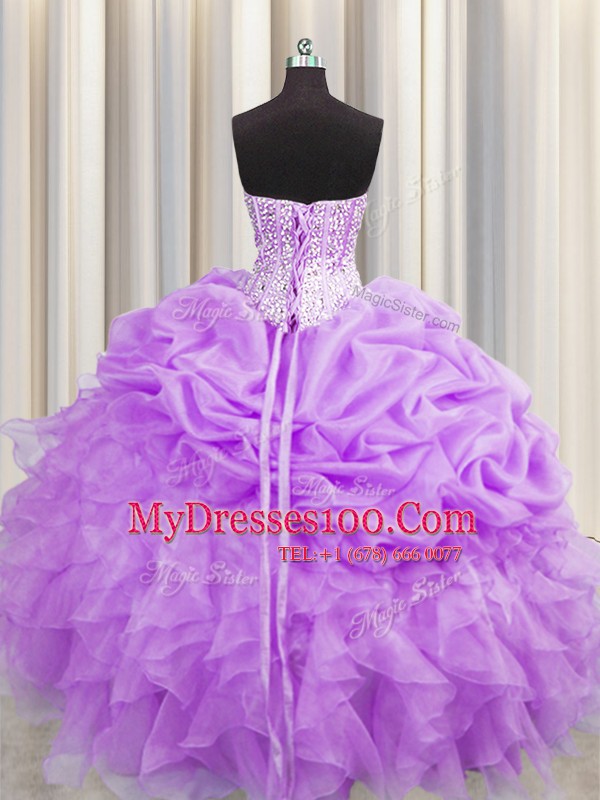 Low Price Visible Boning Organza Sweetheart Sleeveless Lace Up Beading and Ruffles and Pick Ups Quinceanera Dresses in Purple