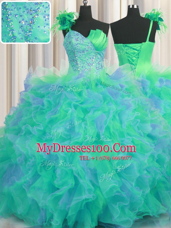 Handcrafted Flower Multi-color One Shoulder Lace Up Beading and Ruffles and Hand Made Flower 15th Birthday Dress Sleeveless