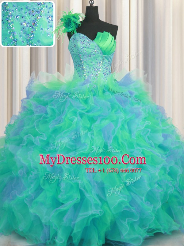 Handcrafted Flower Multi-color One Shoulder Lace Up Beading and Ruffles and Hand Made Flower 15th Birthday Dress Sleeveless