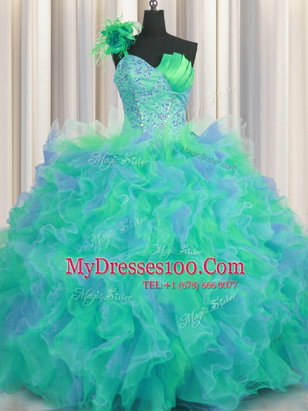 Handcrafted Flower Multi-color One Shoulder Lace Up Beading and Ruffles and Hand Made Flower 15th Birthday Dress Sleeveless