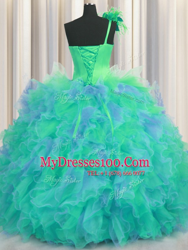 Handcrafted Flower Multi-color One Shoulder Lace Up Beading and Ruffles and Hand Made Flower 15th Birthday Dress Sleeveless