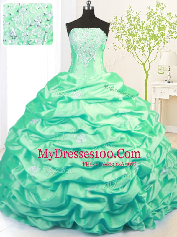 Sweep Train Turquoise Strapless Neckline Beading and Pick Ups Quinceanera Dress Sleeveless Side Zipper