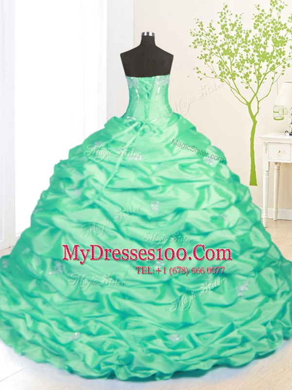 Sweep Train Turquoise Strapless Neckline Beading and Pick Ups Quinceanera Dress Sleeveless Side Zipper