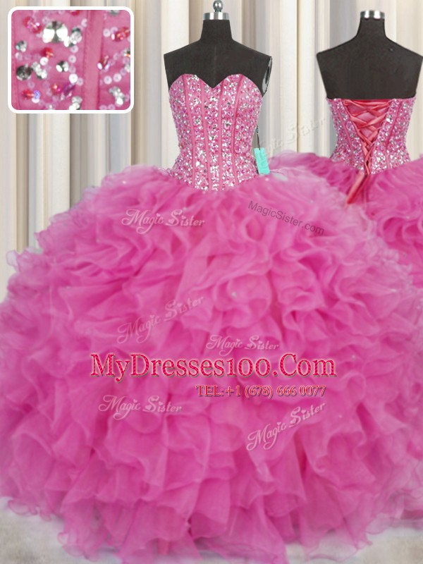 Free and Easy Visible Boning Hot Pink Ball Gowns Organza Sweetheart Sleeveless Beading and Ruffles Floor Length Lace Up Sweet 16 Quinceanera Dress