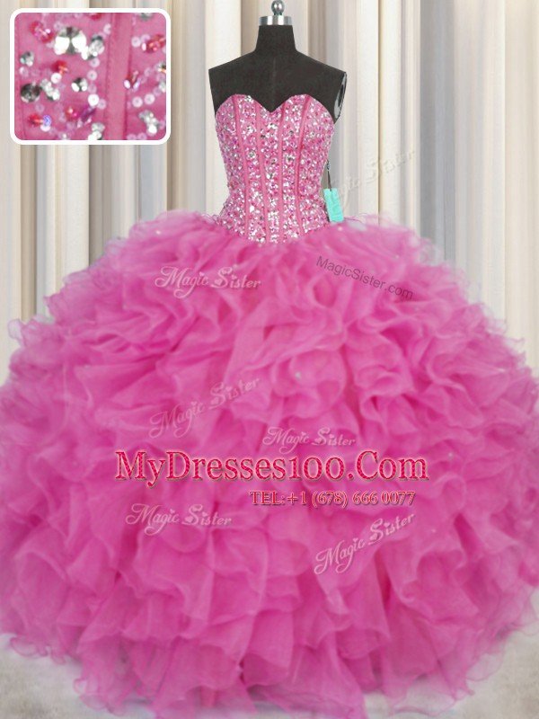 Free and Easy Visible Boning Hot Pink Ball Gowns Organza Sweetheart Sleeveless Beading and Ruffles Floor Length Lace Up Sweet 16 Quinceanera Dress