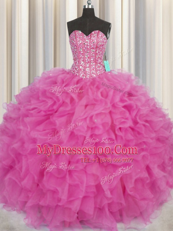 Free and Easy Visible Boning Hot Pink Ball Gowns Organza Sweetheart Sleeveless Beading and Ruffles Floor Length Lace Up Sweet 16 Quinceanera Dress
