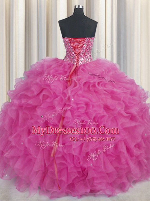 Free and Easy Visible Boning Hot Pink Ball Gowns Organza Sweetheart Sleeveless Beading and Ruffles Floor Length Lace Up Sweet 16 Quinceanera Dress