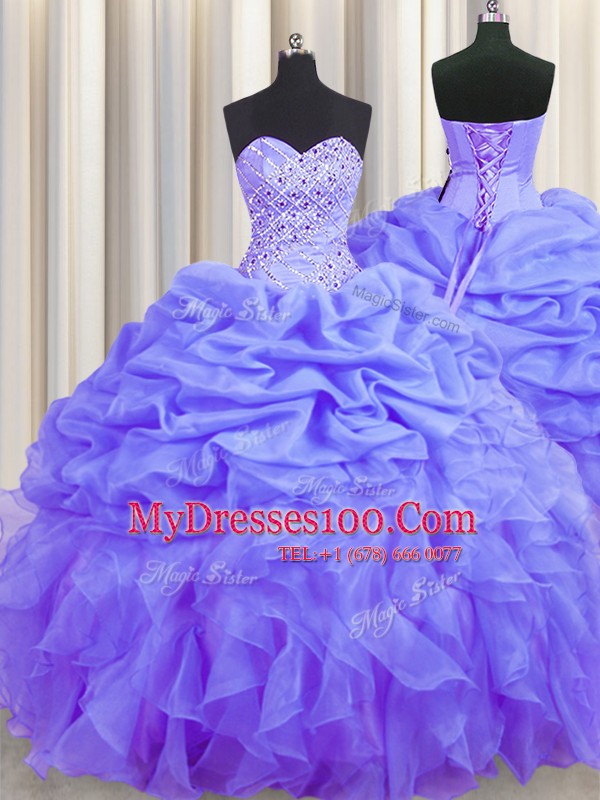 Exceptional Floor Length Lace Up Sweet 16 Dress Lavender for Military Ball and Sweet 16 and Quinceanera with Beading and Ruffles and Pick Ups