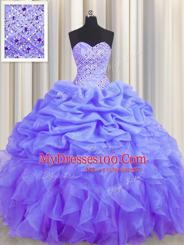 Exceptional Floor Length Lace Up Sweet 16 Dress Lavender for Military Ball and Sweet 16 and Quinceanera with Beading and Ruffles and Pick Ups