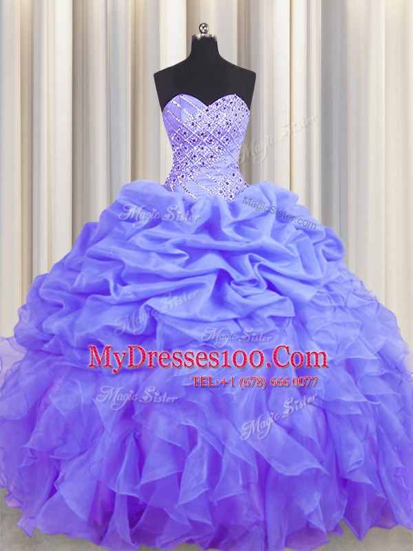 Exceptional Floor Length Lace Up Sweet 16 Dress Lavender for Military Ball and Sweet 16 and Quinceanera with Beading and Ruffles and Pick Ups