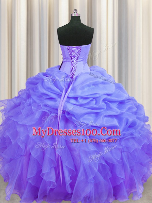 Exceptional Floor Length Lace Up Sweet 16 Dress Lavender for Military Ball and Sweet 16 and Quinceanera with Beading and Ruffles and Pick Ups