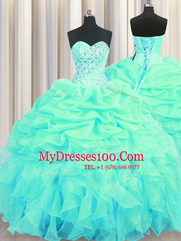 Turquoise Ball Gowns Beading and Ruffles and Pick Ups Quinceanera Gown Lace Up Organza Sleeveless Floor Length