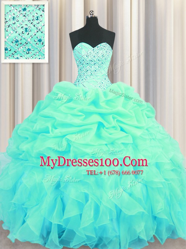 Turquoise Ball Gowns Beading and Ruffles and Pick Ups Quinceanera Gown Lace Up Organza Sleeveless Floor Length