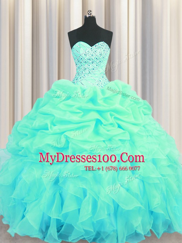 Turquoise Ball Gowns Beading and Ruffles and Pick Ups Quinceanera Gown Lace Up Organza Sleeveless Floor Length