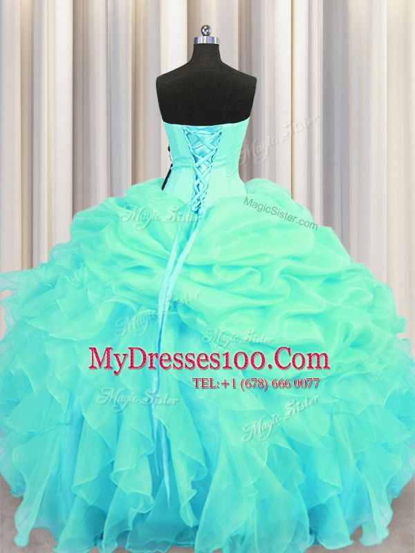 Turquoise Ball Gowns Beading and Ruffles and Pick Ups Quinceanera Gown Lace Up Organza Sleeveless Floor Length