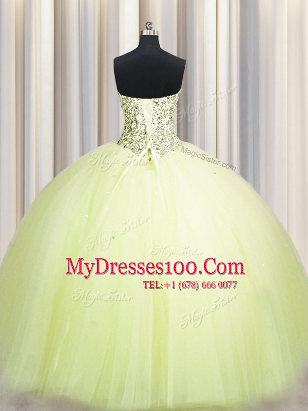 Best Selling Big Puffy Light Yellow Sleeveless Beading and Sequins Floor Length 15th Birthday Dress