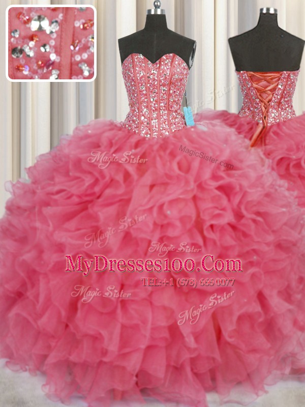 Visible Boning Coral Red Sweetheart Neckline Beading and Ruffles Ball Gown Prom Dress Sleeveless Lace Up