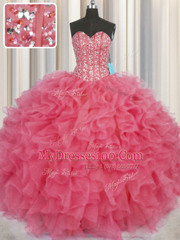 Visible Boning Coral Red Sweetheart Neckline Beading and Ruffles Ball Gown Prom Dress Sleeveless Lace Up