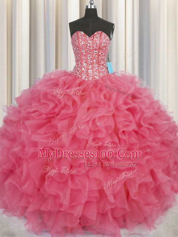 Visible Boning Coral Red Sweetheart Neckline Beading and Ruffles Ball Gown Prom Dress Sleeveless Lace Up