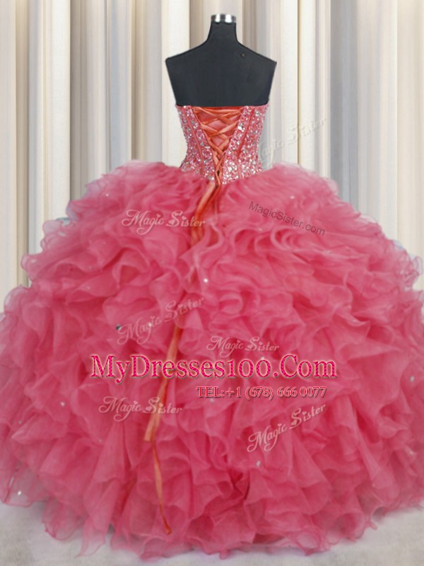 Visible Boning Coral Red Sweetheart Neckline Beading and Ruffles Ball Gown Prom Dress Sleeveless Lace Up