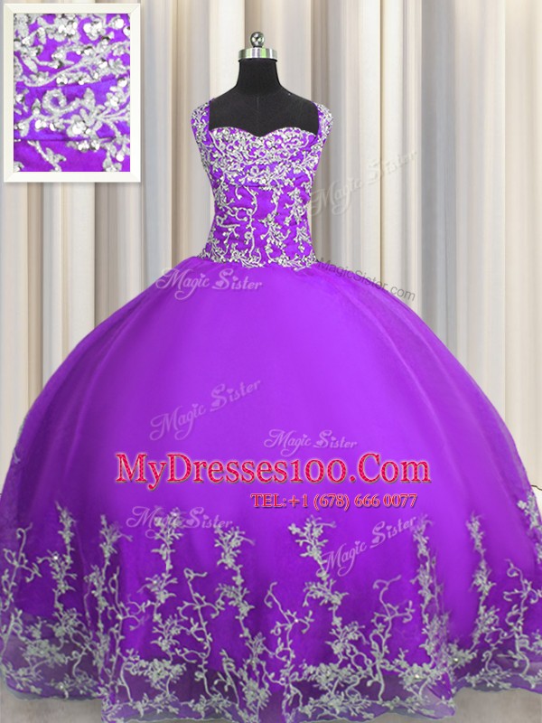 Floor Length Lace Up Sweet 16 Dress Eggplant Purple for Military Ball and Sweet 16 and Quinceanera with Beading and Appliques
