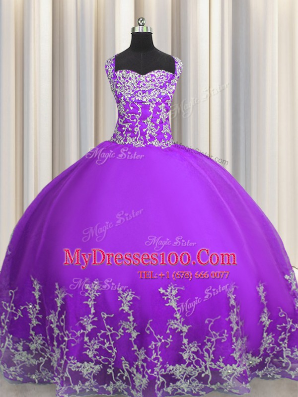 Floor Length Lace Up Sweet 16 Dress Eggplant Purple for Military Ball and Sweet 16 and Quinceanera with Beading and Appliques