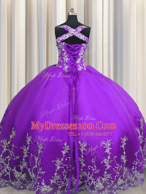 Floor Length Lace Up Sweet 16 Dress Eggplant Purple for Military Ball and Sweet 16 and Quinceanera with Beading and Appliques