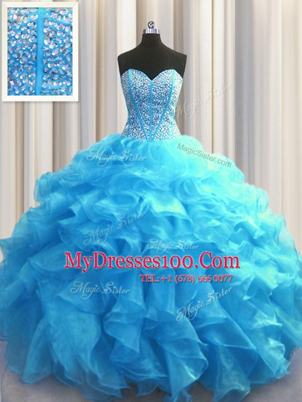 Captivating Visible Boning Baby Blue Sweetheart Neckline Beading and Ruffles Sweet 16 Dresses Sleeveless Lace Up