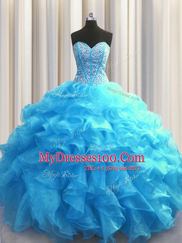 Captivating Visible Boning Baby Blue Sweetheart Neckline Beading and Ruffles Sweet 16 Dresses Sleeveless Lace Up