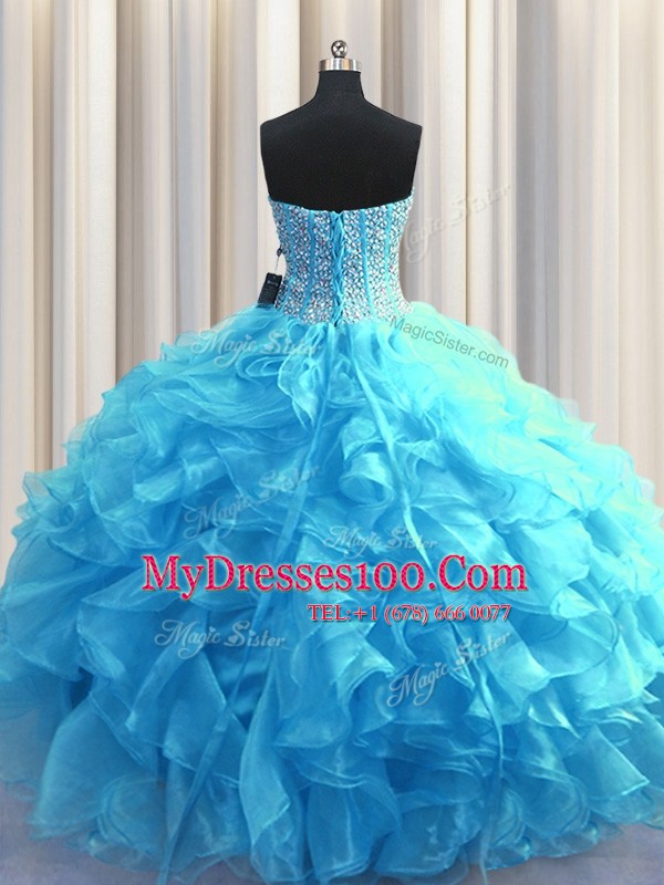 Captivating Visible Boning Baby Blue Sweetheart Neckline Beading and Ruffles Sweet 16 Dresses Sleeveless Lace Up