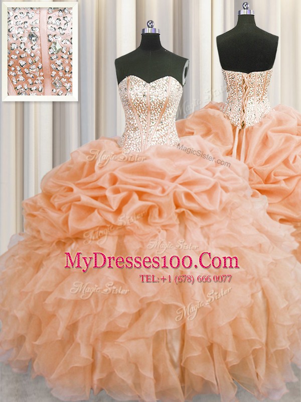 Visible Boning Sleeveless Floor Length Beading and Ruffles Lace Up Quinceanera Dresses with Orange