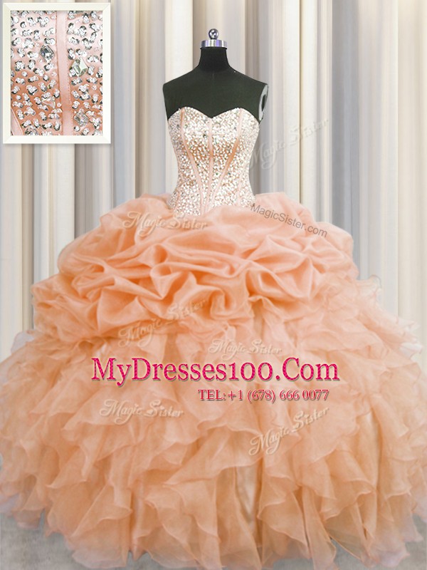 Visible Boning Sleeveless Floor Length Beading and Ruffles Lace Up Quinceanera Dresses with Orange