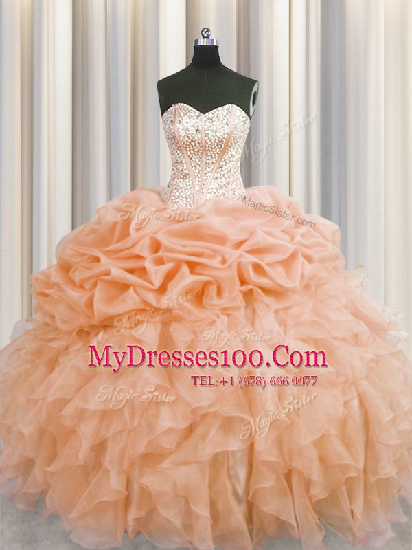 Visible Boning Sleeveless Floor Length Beading and Ruffles Lace Up Quinceanera Dresses with Orange