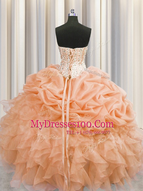 Visible Boning Sleeveless Floor Length Beading and Ruffles Lace Up Quinceanera Dresses with Orange