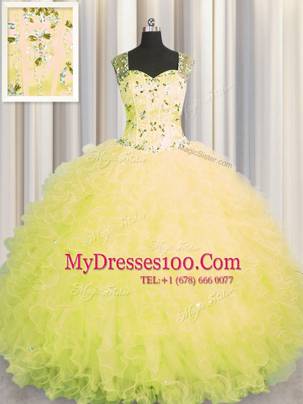 Colorful See Through Zipper Up Yellow Ball Gowns Tulle Straps Sleeveless Beading and Ruffles Floor Length Zipper Quinceanera Dress